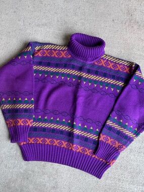 Vintage 90s obermeyer wool knit jumper geometric multi color sweater turtleneck